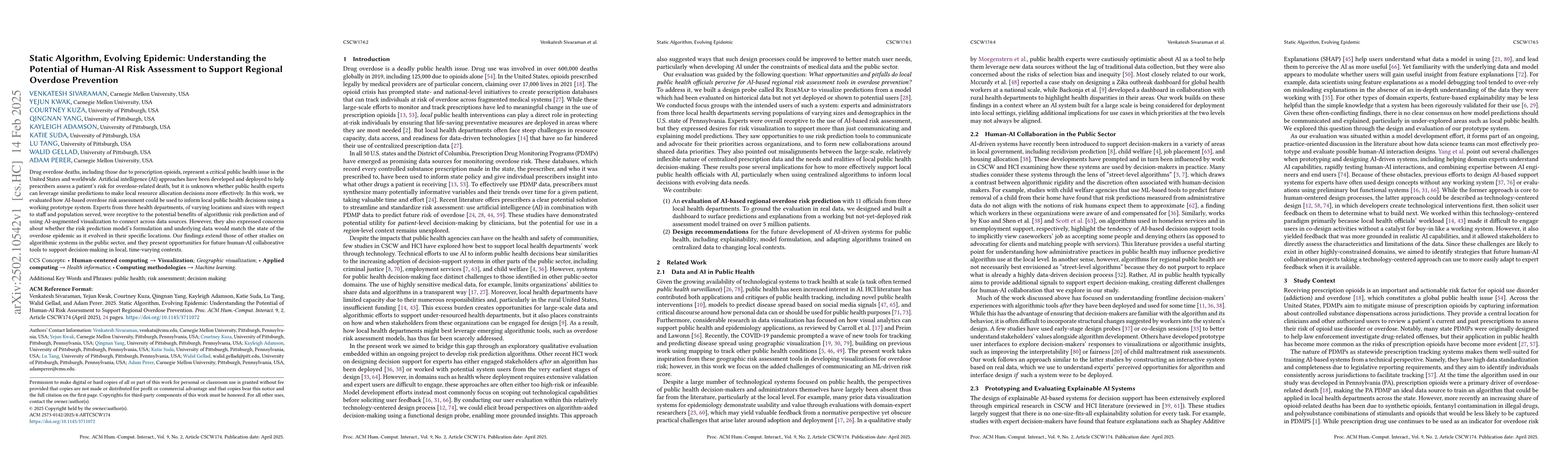 Thumbnail for Static Algorithm, Evolving Epidemic: Understanding the Potential of
  Human-AI Risk Assessment to Support Regional Overdose Prevention
