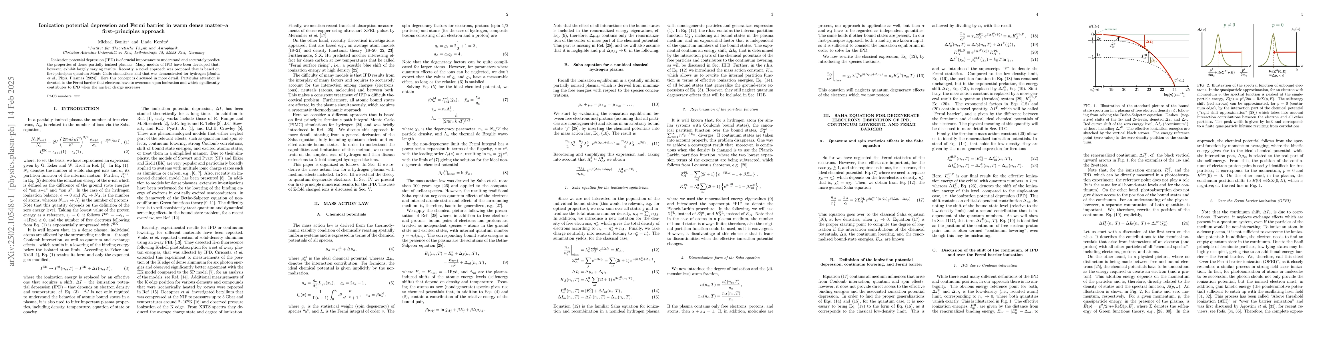 Thumbnail for Ionization potential depression and Fermi barrier in warm dense
  matter--a first--principles approach