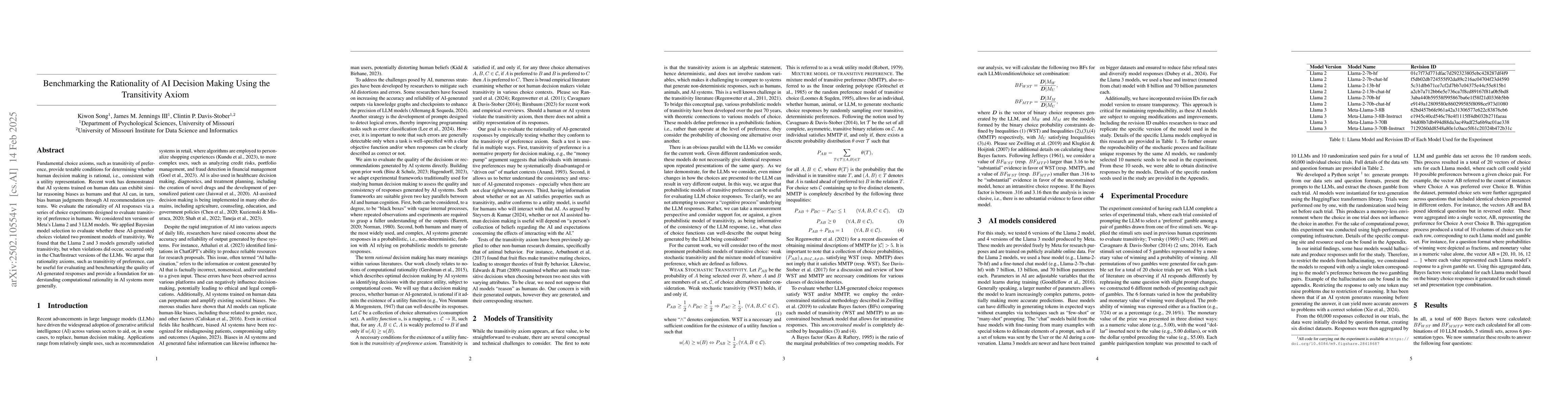 Thumbnail for Benchmarking the rationality of AI decision making using the
  transitivity axiom