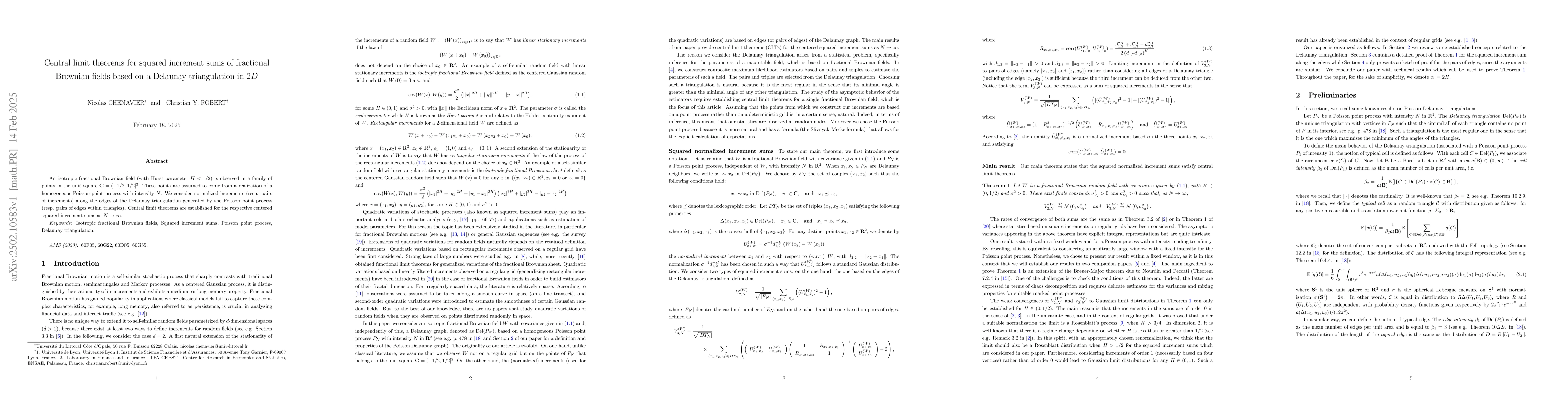 Thumbnail for Central limit theorems for squared increment sums of fractional Brownian
  fields based on a Delaunay triangulation in $2D$