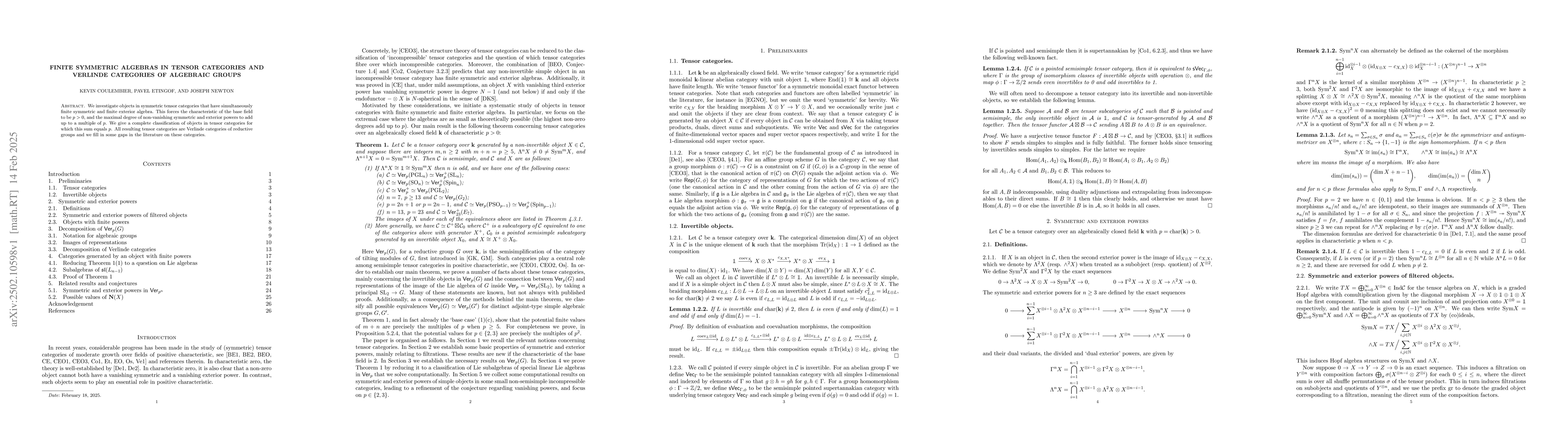 Thumbnail for Finite symmetric algebras in tensor categories and Verlinde categories
  of algebraic groups