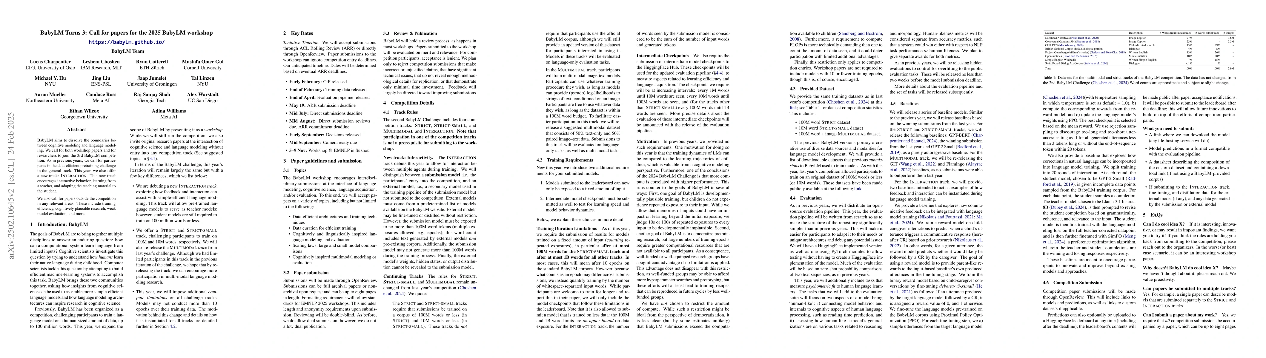 Thumbnail for BabyLM Turns 3: Call for papers for the 2025 BabyLM workshop