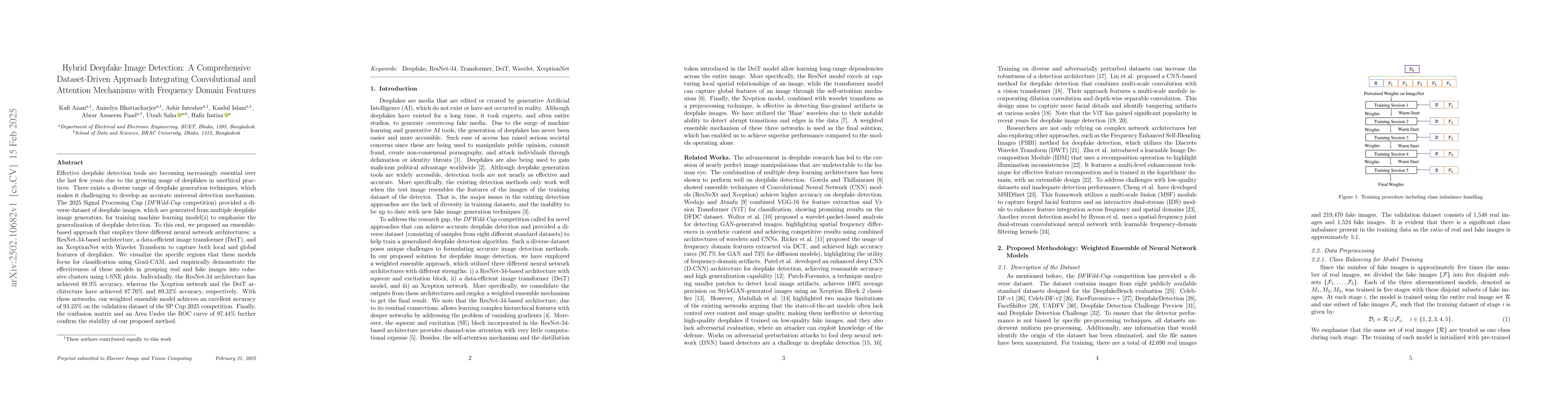 Thumbnail for Hybrid Deepfake Image Detection: A Comprehensive Dataset-Driven Approach
  Integrating Convolutional and Attention Mechanisms with Frequency Domain
  Features