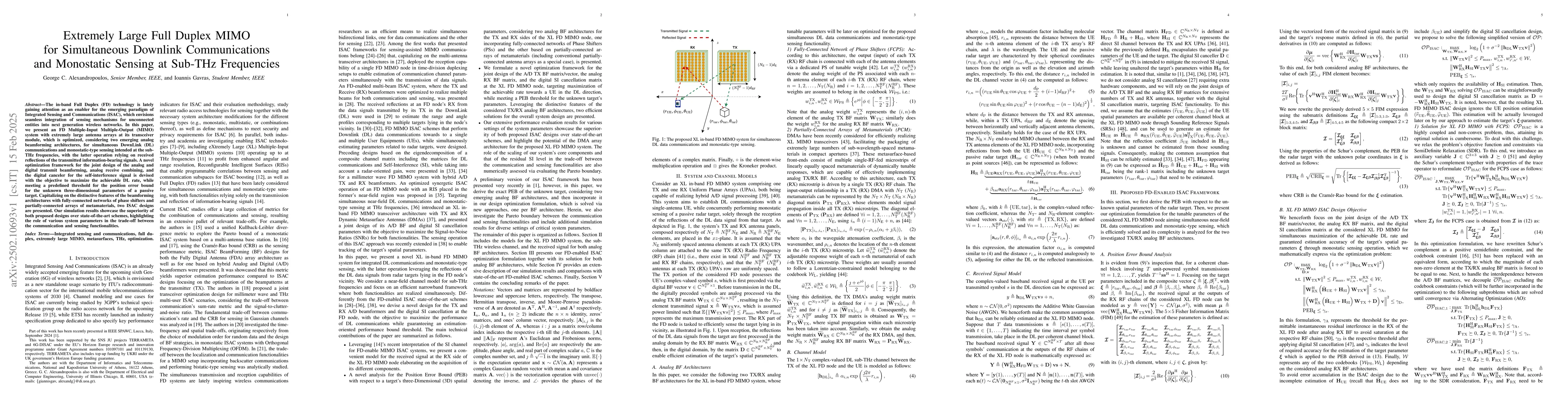 Thumbnail for Extremely Large Full Duplex MIMO for Simultaneous Downlink
  Communications and Monostatic Sensing at Sub-THz Frequencies
