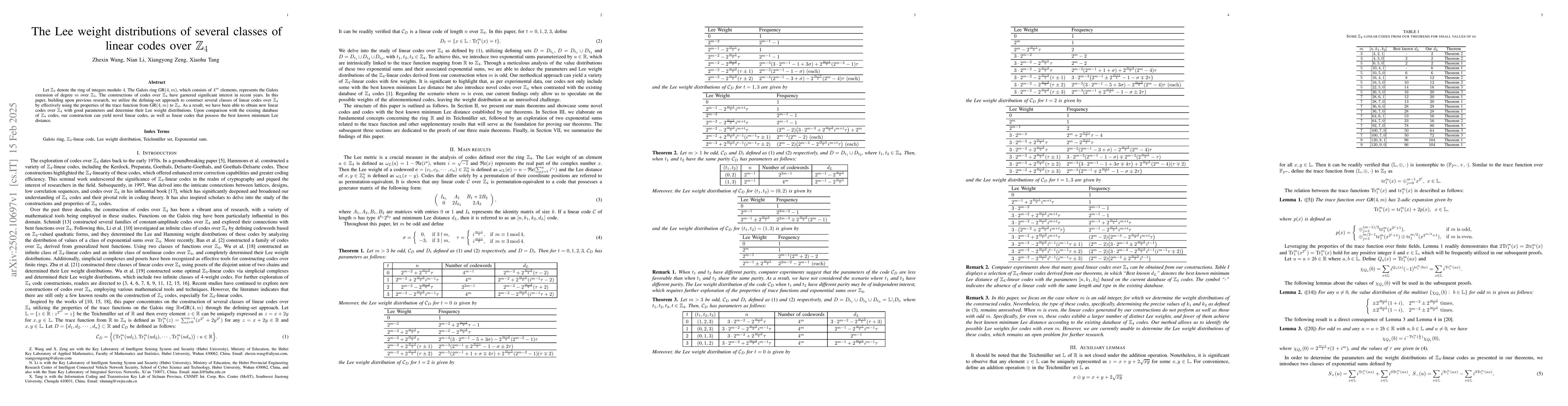 Thumbnail for The Lee weight distributions of several classes of linear codes over
  $\mathbb{Z}_4$