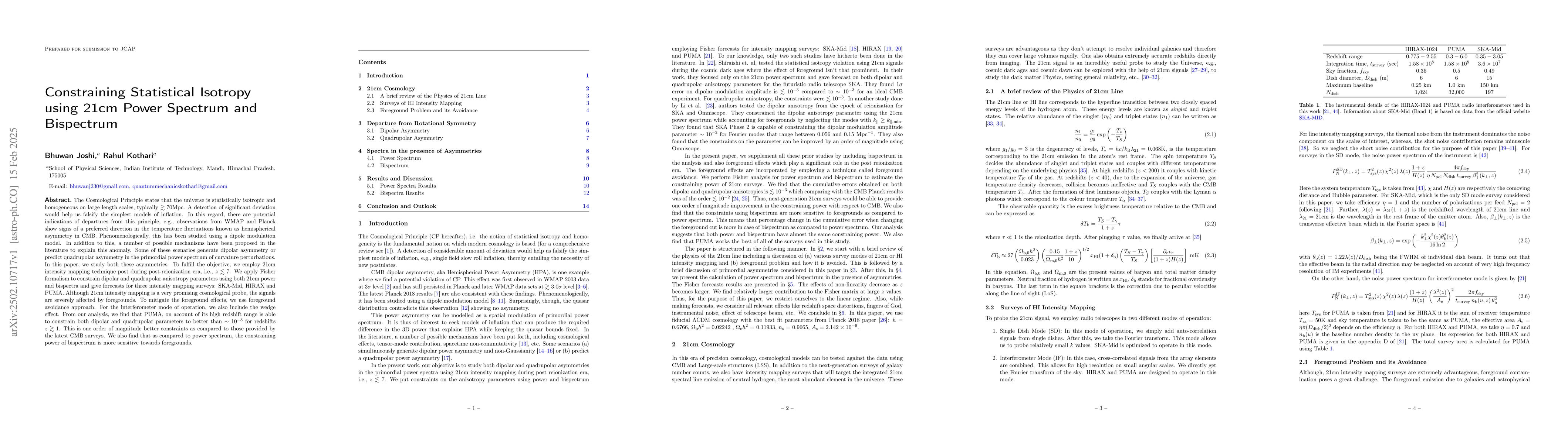 Thumbnail for Constraining Statistical Isotropy using 21cm Power Spectrum and
  Bispectrum