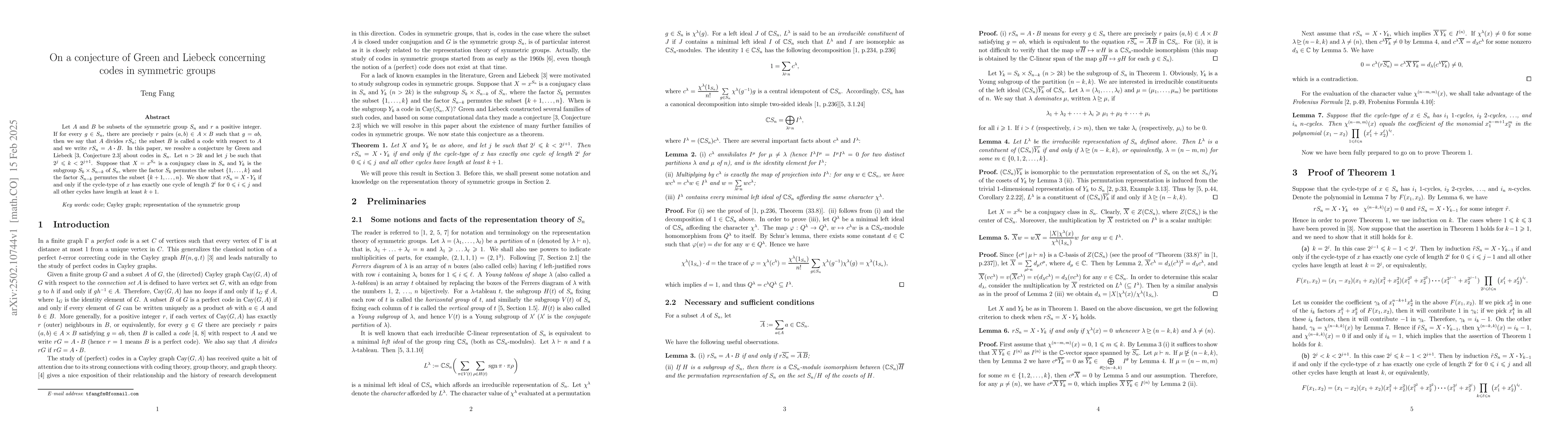Thumbnail for On a conjecture of Green and Liebeck concerning codes in symmetric
  groups
