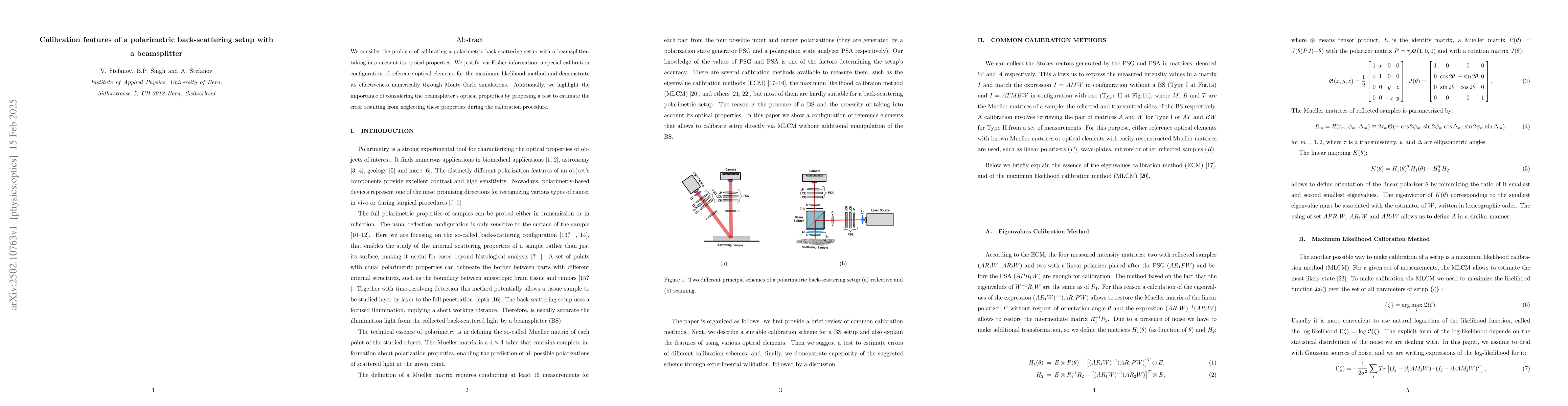 Thumbnail for Calibration features of a polarimetric back-scattering setup with a
  beamsplitter