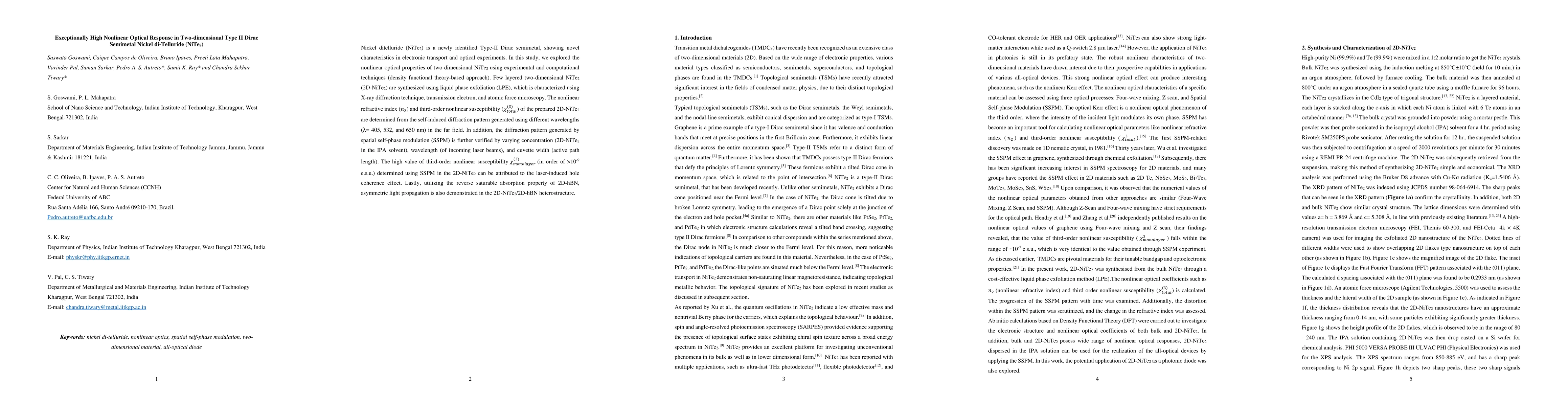 Thumbnail for Exceptionally High Nonlinear Optical Response in Two-dimensional Type II
  Dirac Semimetal Nickel di-Telluride (NiTe2)