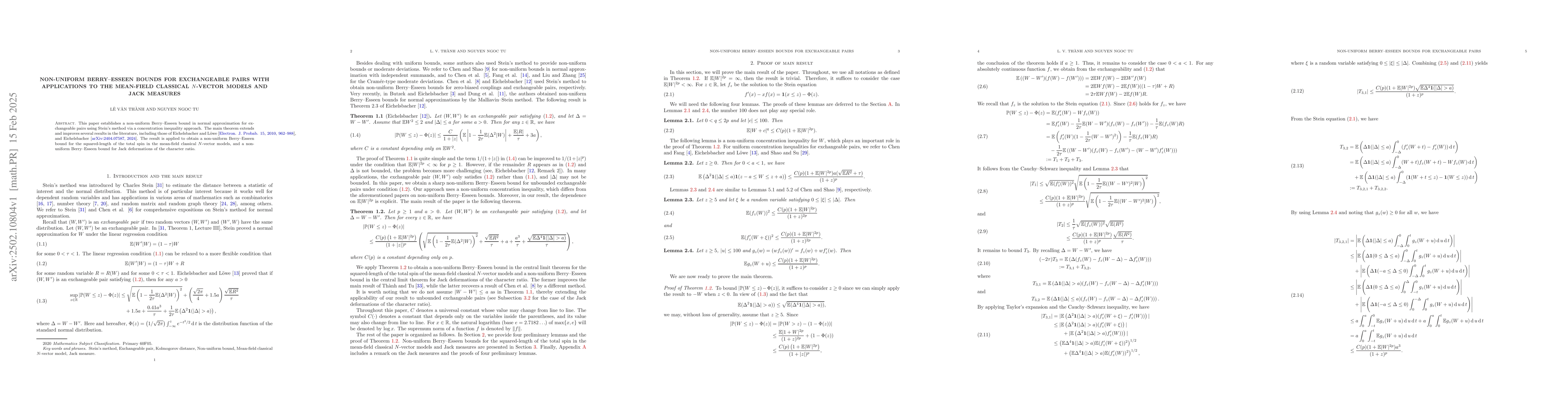 Thumbnail for Non-uniform Berry--Esseen bounds for exchangeable pairs with
  applications to the mean-field classical $N$-vector models and Jack measures