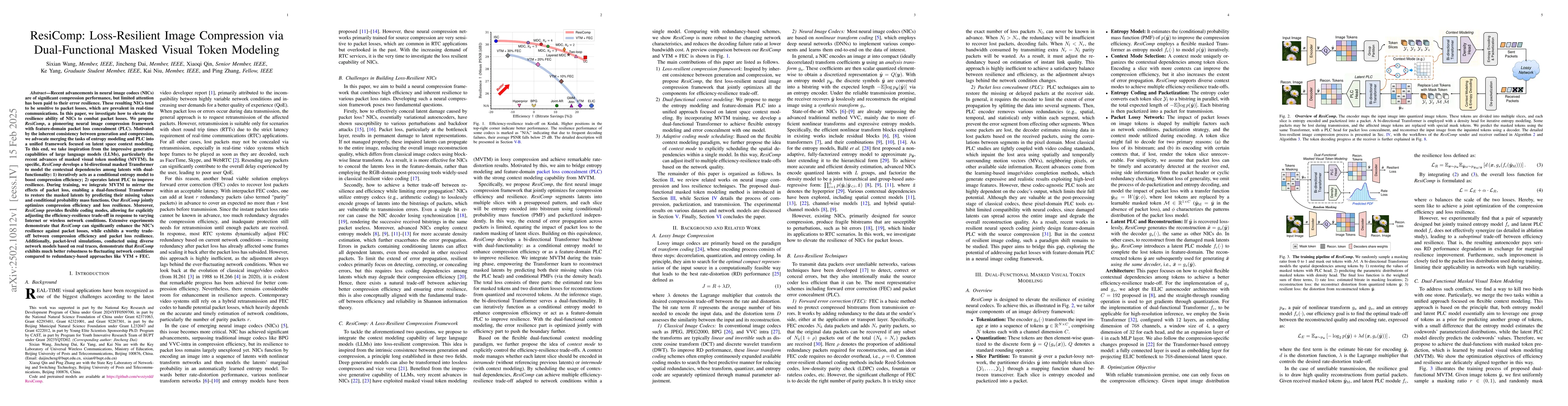 Thumbnail for ResiComp: Loss-Resilient Image Compression via Dual-Functional Masked
  Visual Token Modeling