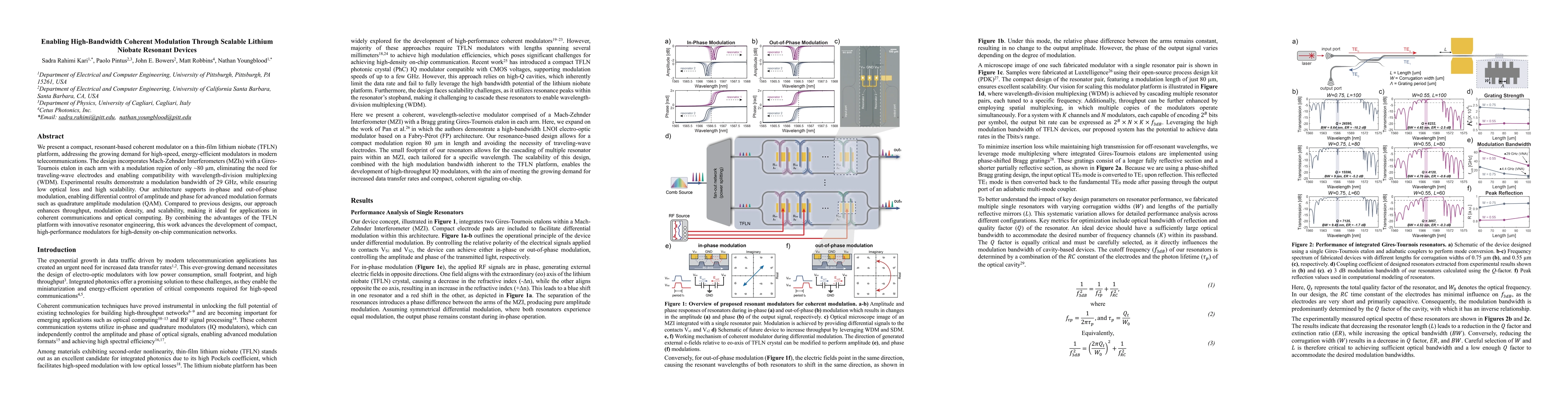 Thumbnail for Enabling High-Bandwidth Coherent Modulation Through Scalable Lithium
  Niobate Resonant Devices