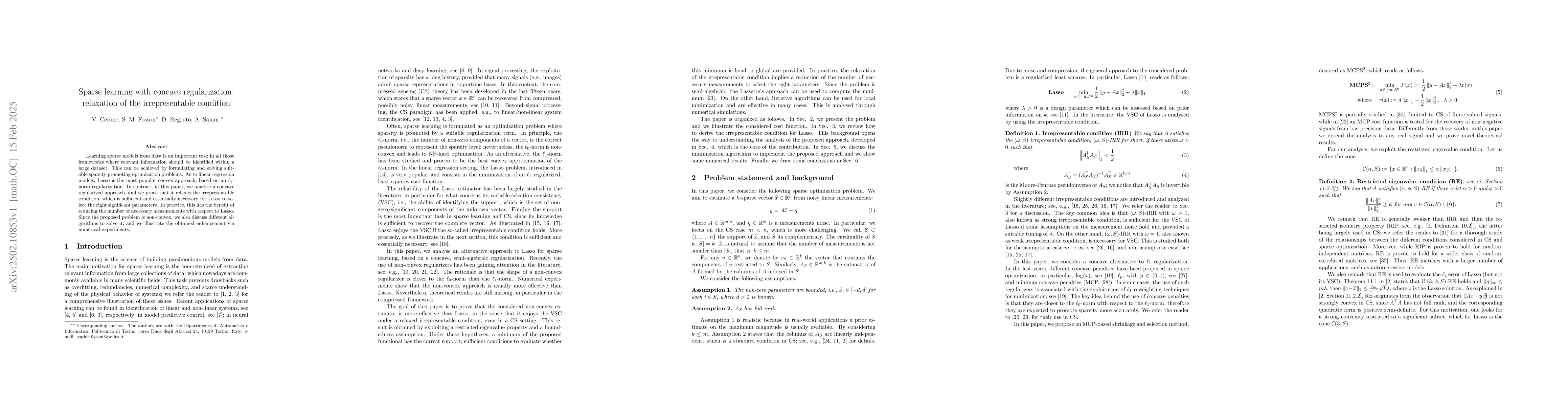 Thumbnail for Sparse learning with concave regularization: relaxation of the
  irrepresentable condition