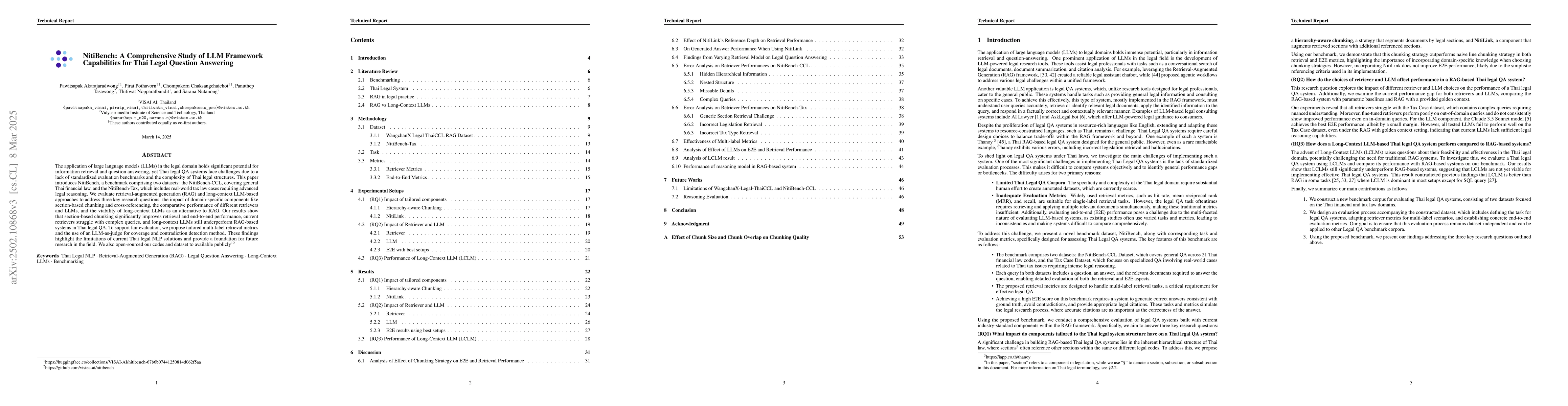 Thumbnail for NitiBench: A Comprehensive Studies of LLM Frameworks Capabilities for
  Thai Legal Question Answering