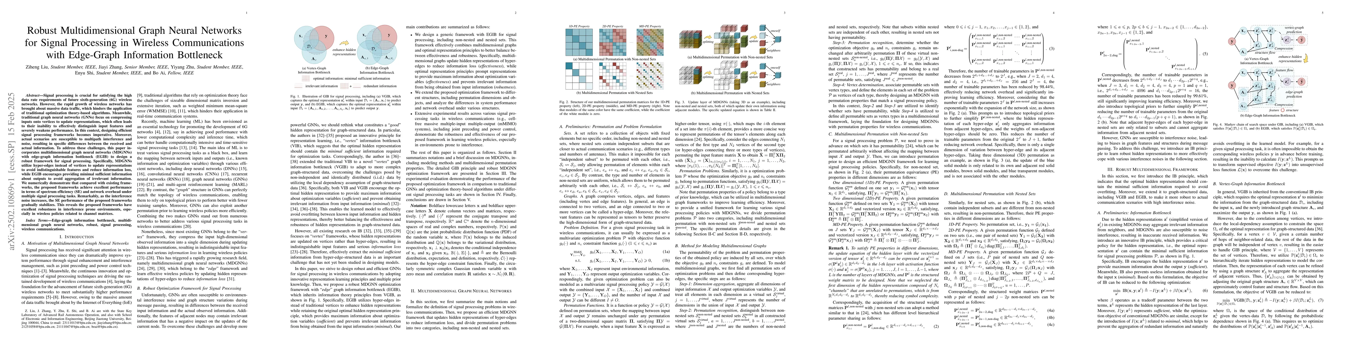 Thumbnail for Robust Multidimensional Graph Neural Networks for Signal Processing in
  Wireless Communications with Edge-Graph Information Bottleneck