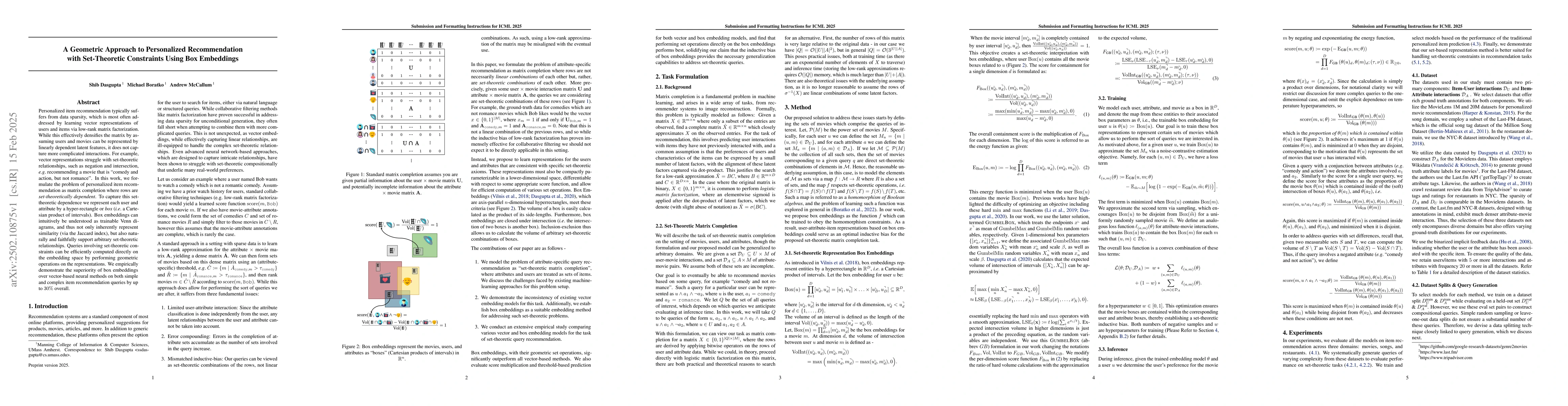 Thumbnail for A Geometric Approach to Personalized Recommendation with Set-Theoretic
  Constraints Using Box Embeddings