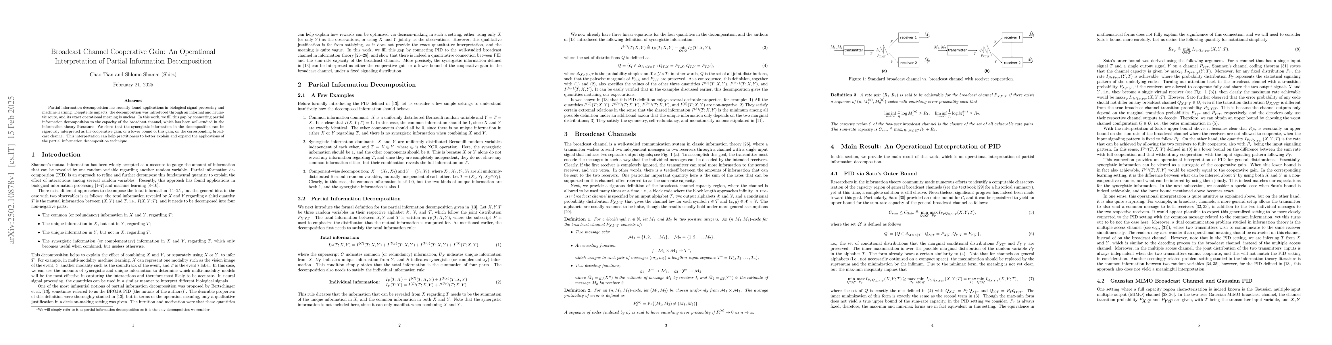 Thumbnail for Broadcast Channel Cooperative Gain: An Operational Interpretation of
  Partial Information Decomposition