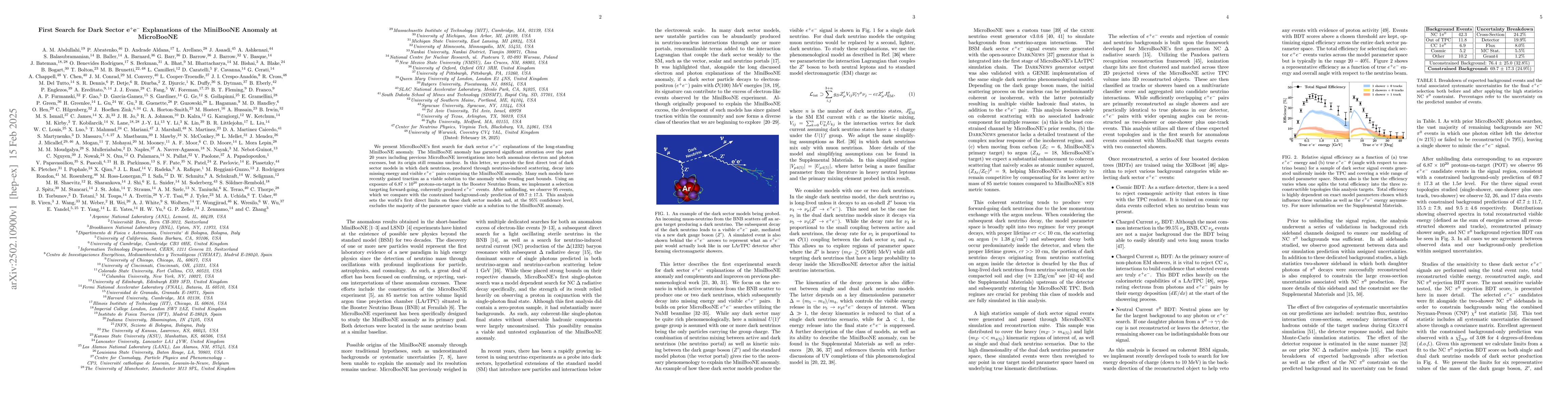 Thumbnail for First Search for Dark Sector $e^+e^-$ Explanations of the MiniBooNE
  Anomaly at MicroBooNE