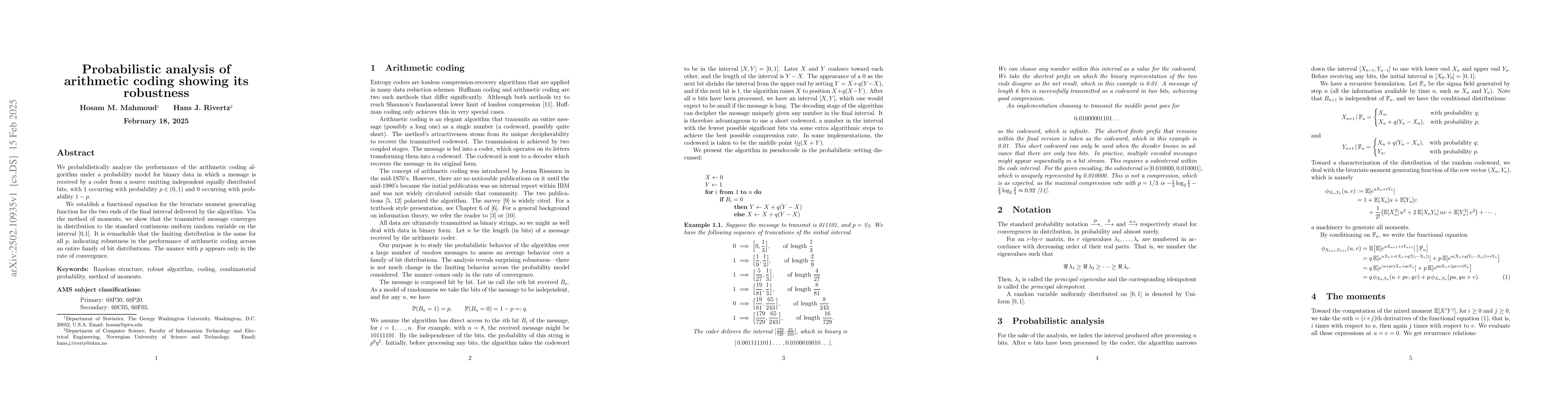 Thumbnail for Probabilistic analysis of arithmetic coding showing its robustness