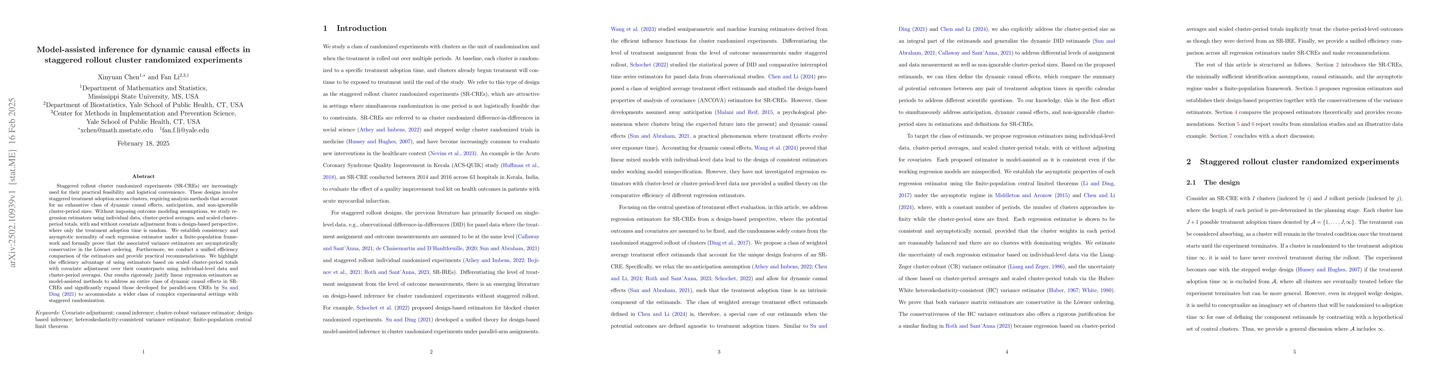 Thumbnail for Model-assisted inference for dynamic causal effects in staggered rollout
  cluster randomized experiments