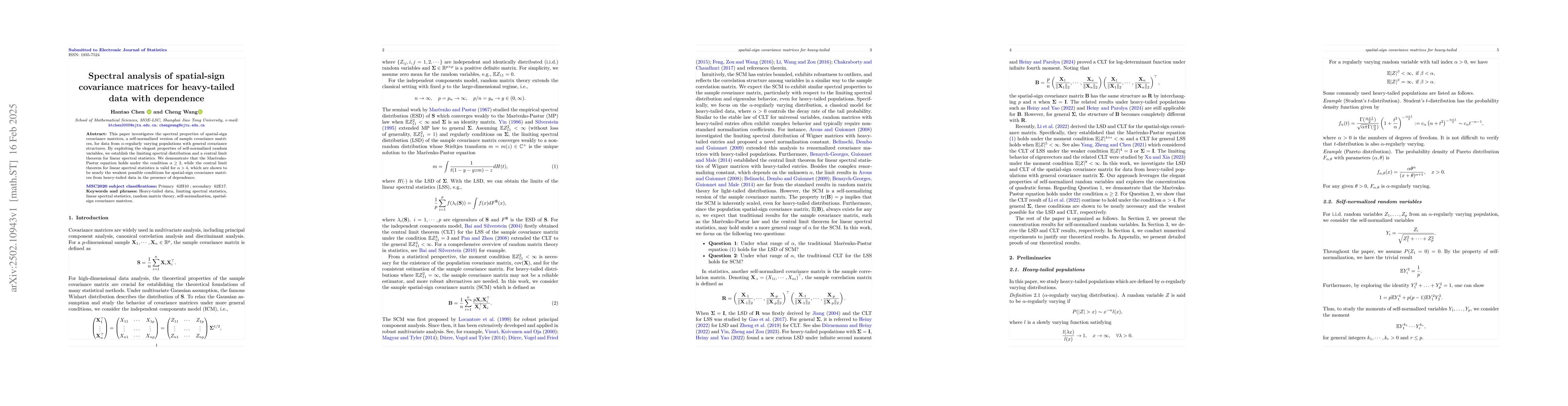 Thumbnail for Spectral analysis of spatial-sign covariance matrices for heavy-tailed
  data with dependence