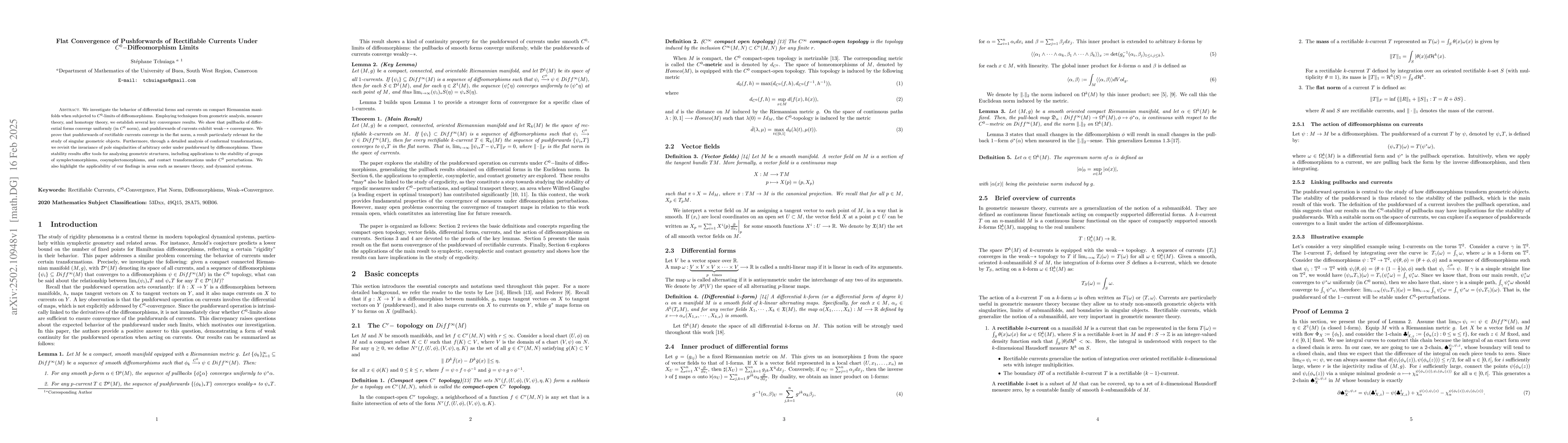Thumbnail for Flat Convergence of Pushforwards of Rectifiable Currents Under
  $C^0-$Diffeomorphism Limits