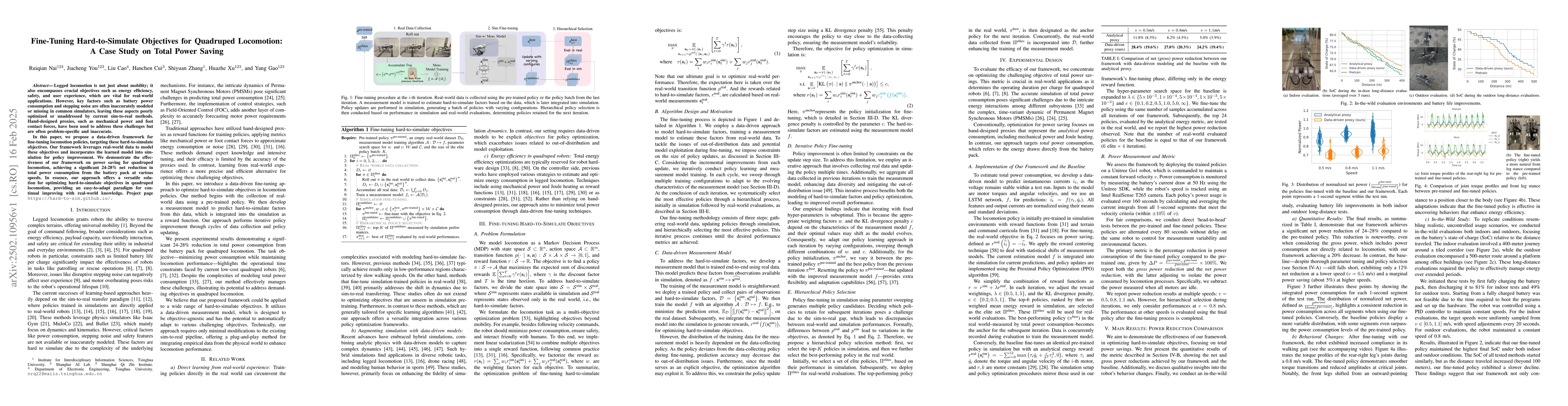 Thumbnail for Fine-Tuning Hard-to-Simulate Objectives for Quadruped Locomotion: A Case
  Study on Total Power Saving