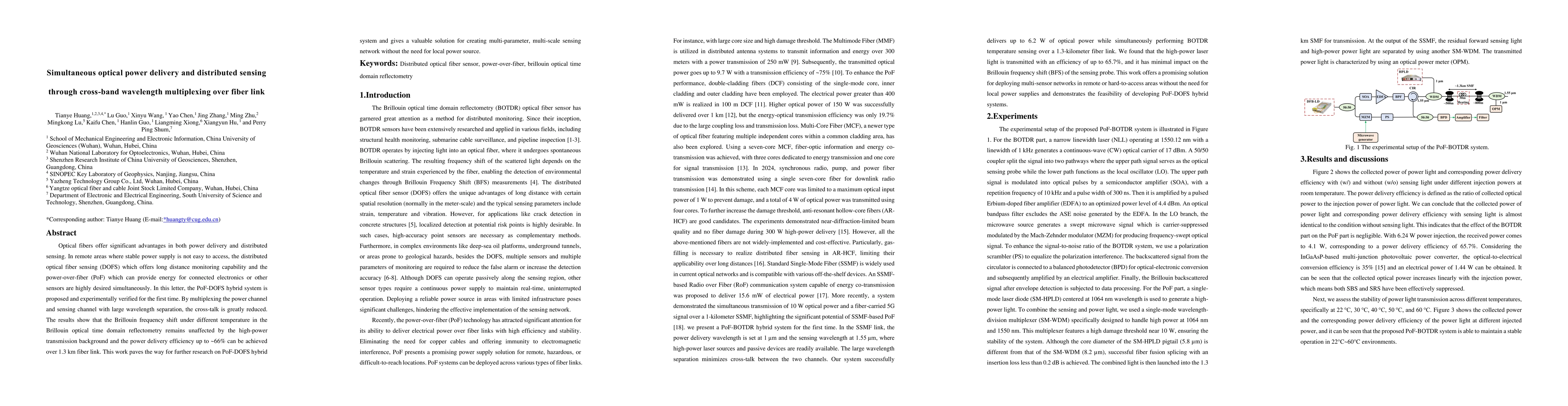 Thumbnail for Simultaneous optical power delivery and distributed sensing through
  cross-band wavelength multiplexing over fiber link