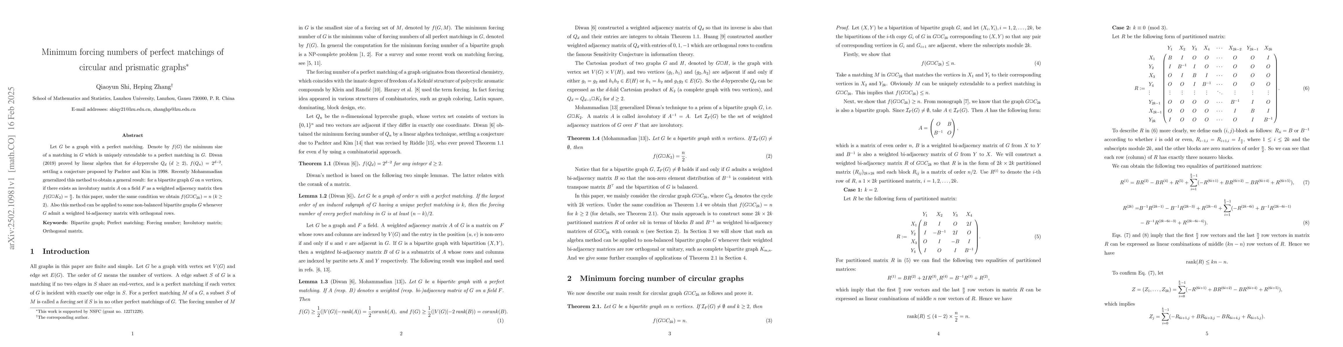 Thumbnail for Minimum forcing numbers of perfect matchings of circular and prismatic
  graphs