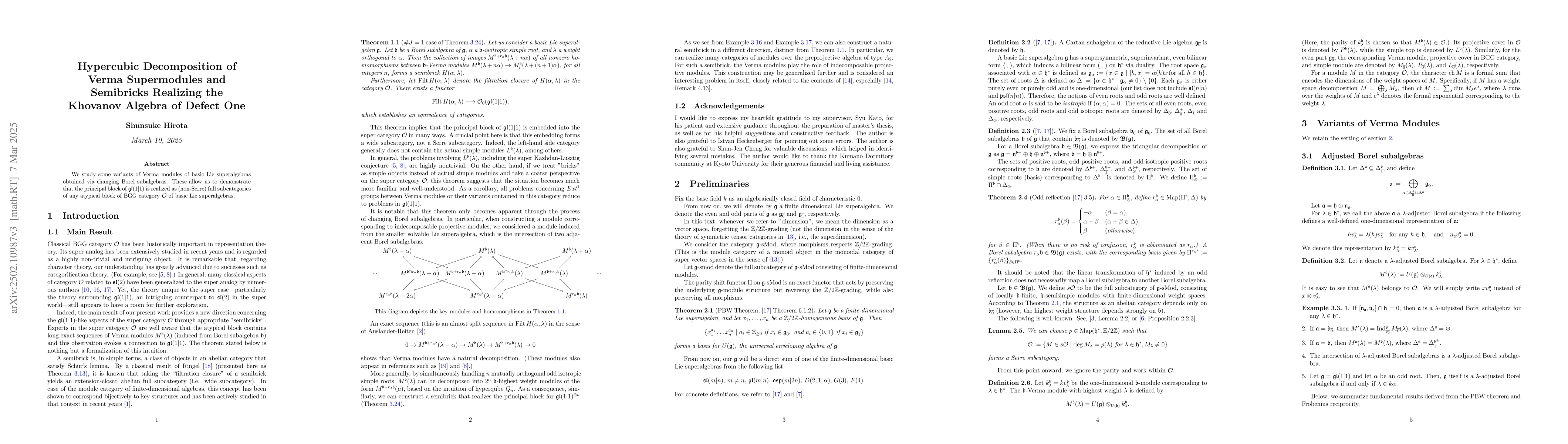 Thumbnail for Hypercubic Decomposition of Verma Supermodules and Semibricks Realizing
  the Khovanov Algebra of Defect One