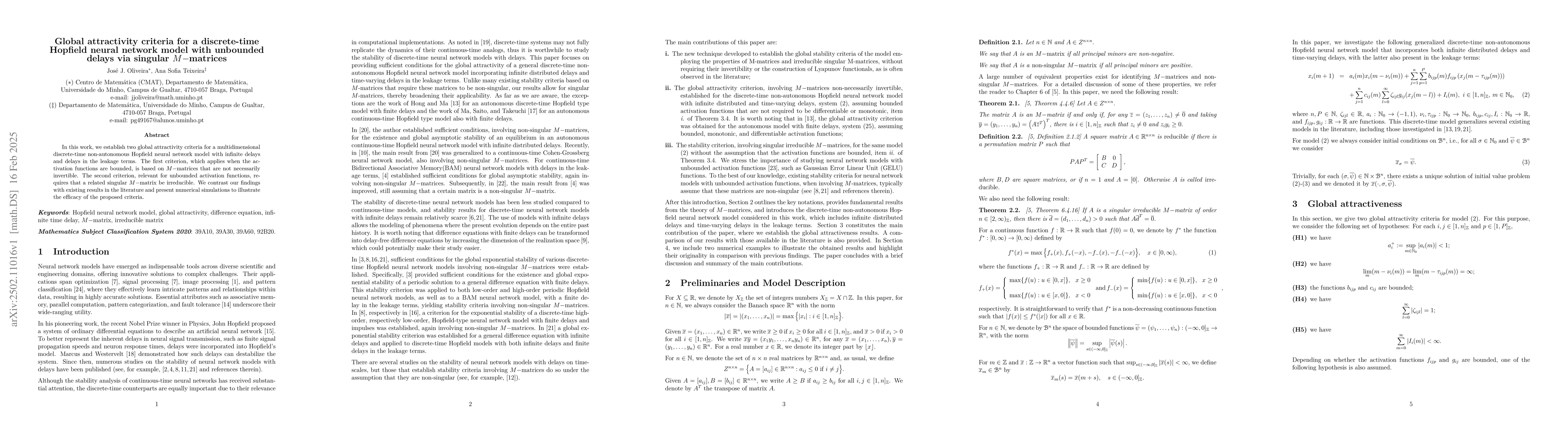 Thumbnail for Global attractivity criteria for a discrete-time Hopfield neural network
  model with unbounded delays via singular M-matrices