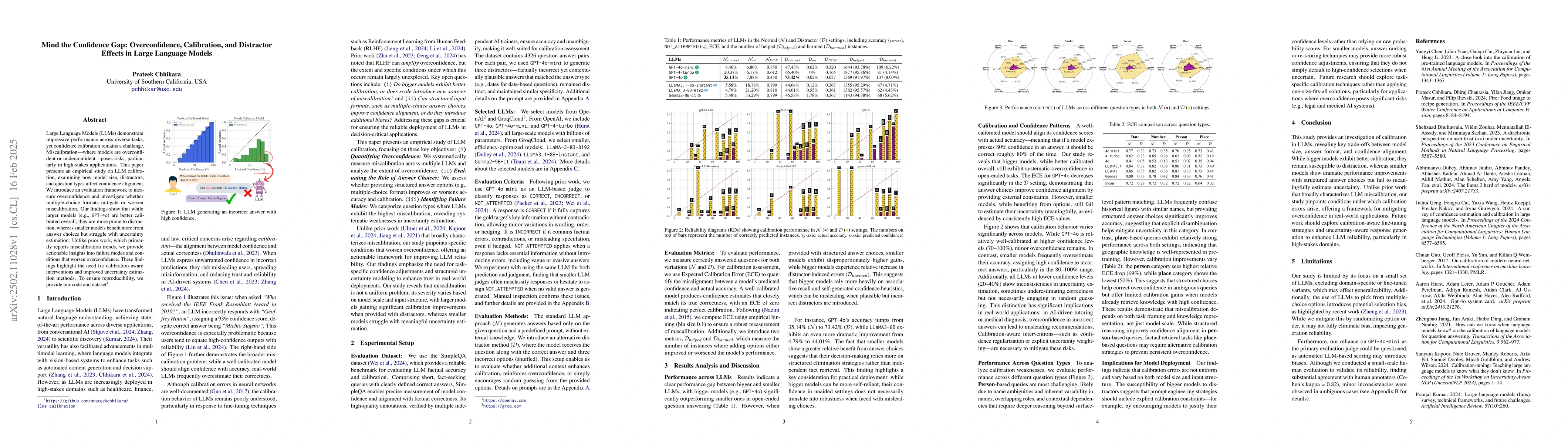 Thumbnail for Mind the Confidence Gap: Overconfidence, Calibration, and Distractor
  Effects in Large Language Models