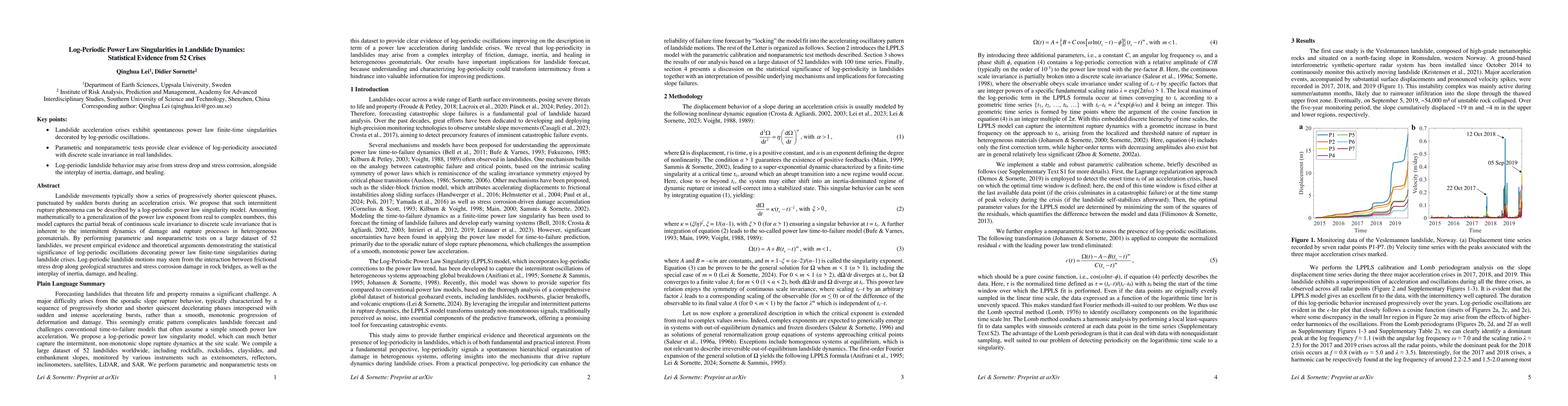 Thumbnail for Log-Periodic Power Law Singularities in Landslide Dynamics: Statistical
  Evidence from 52 Crises