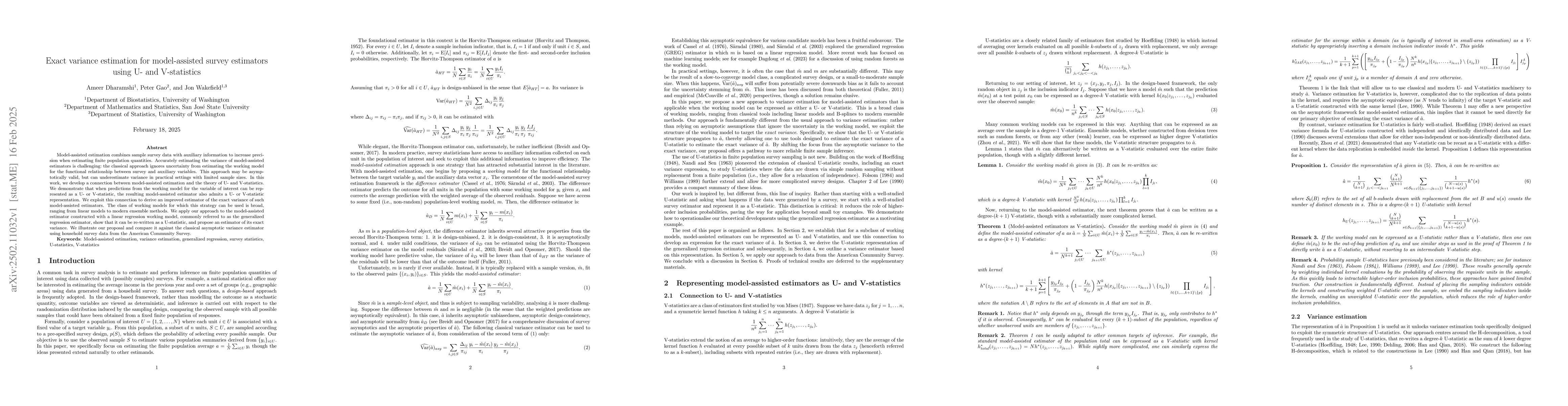Thumbnail for Exact variance estimation for model-assisted survey estimators using U-
  and V-statistics