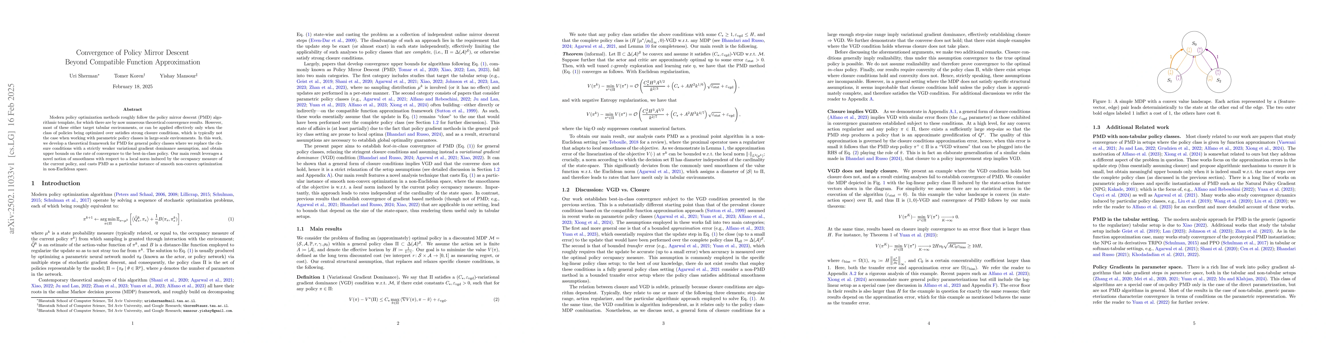 Thumbnail for Convergence of Policy Mirror Descent Beyond Compatible Function
  Approximation