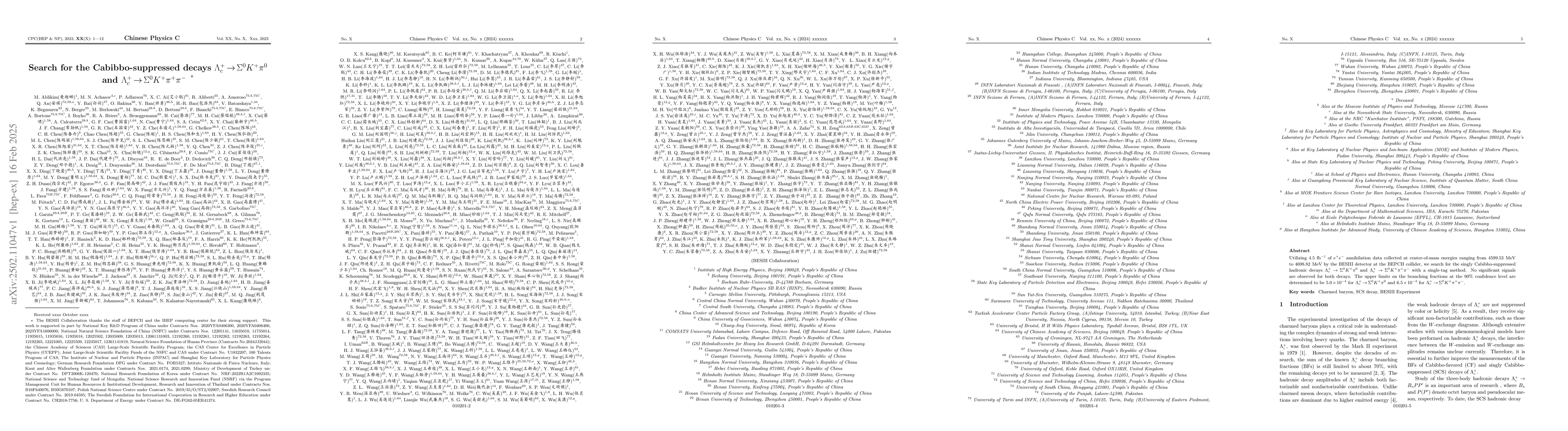 Thumbnail for Search for the Cabibbo-suppressed decays
  $Λ_c^{+}\toΣ^0K^{+}π^{0}$ and
  $Λ_c^{+}\toΣ^0K^{+}π^{+}π^{-}$