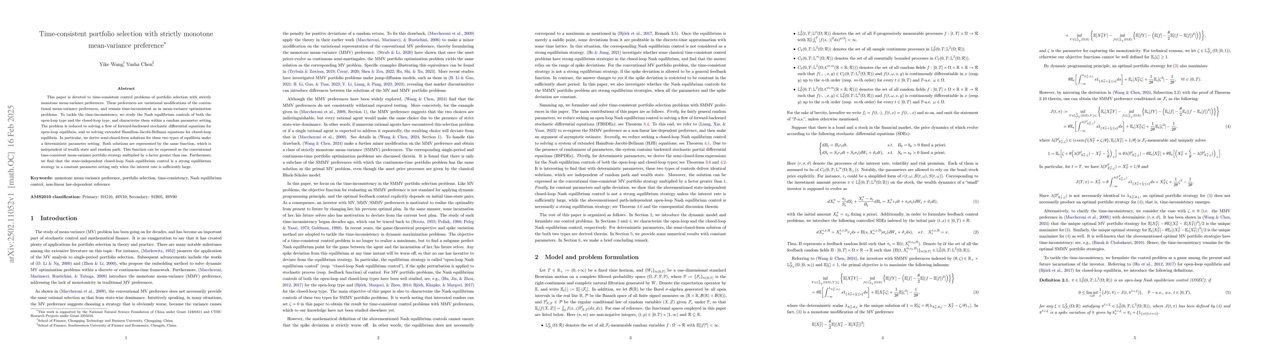 Thumbnail for Time-consistent portfolio selection with strictly monotone mean-variance
  preference
