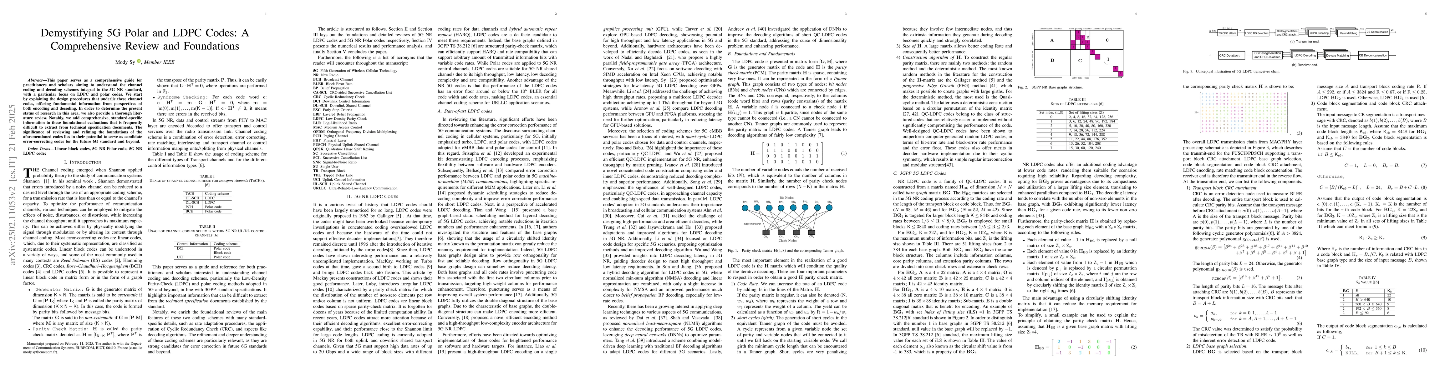 Thumbnail for Demystifying 5G Polar and LDPC Codes: A Comprehensive Review and
  Foundations