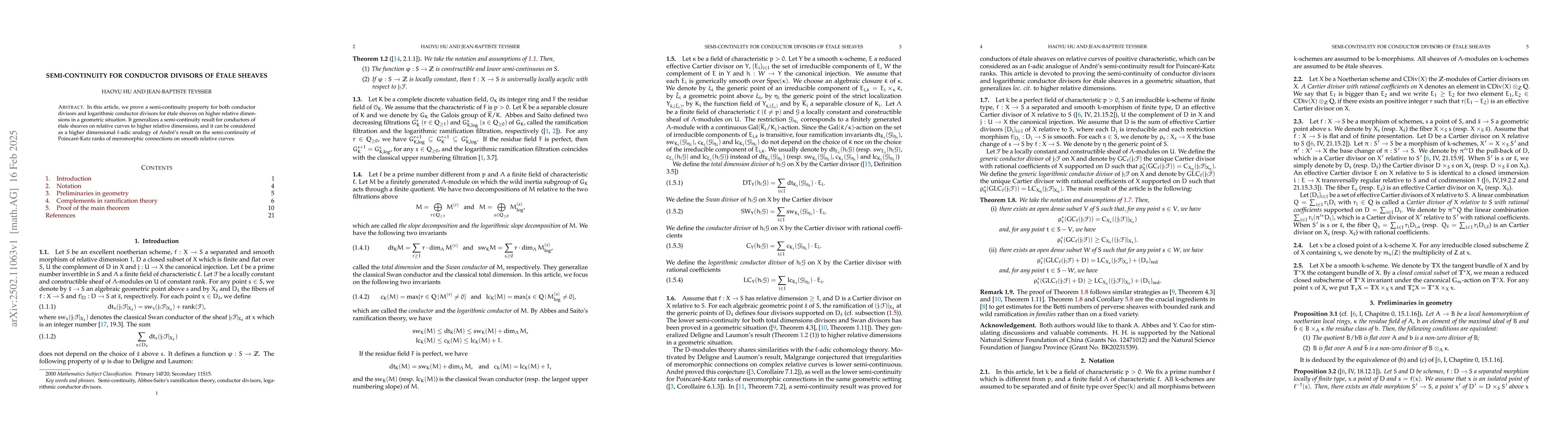 Thumbnail for Semi-continuity for conductor divisors of ĂŠtale sheaves