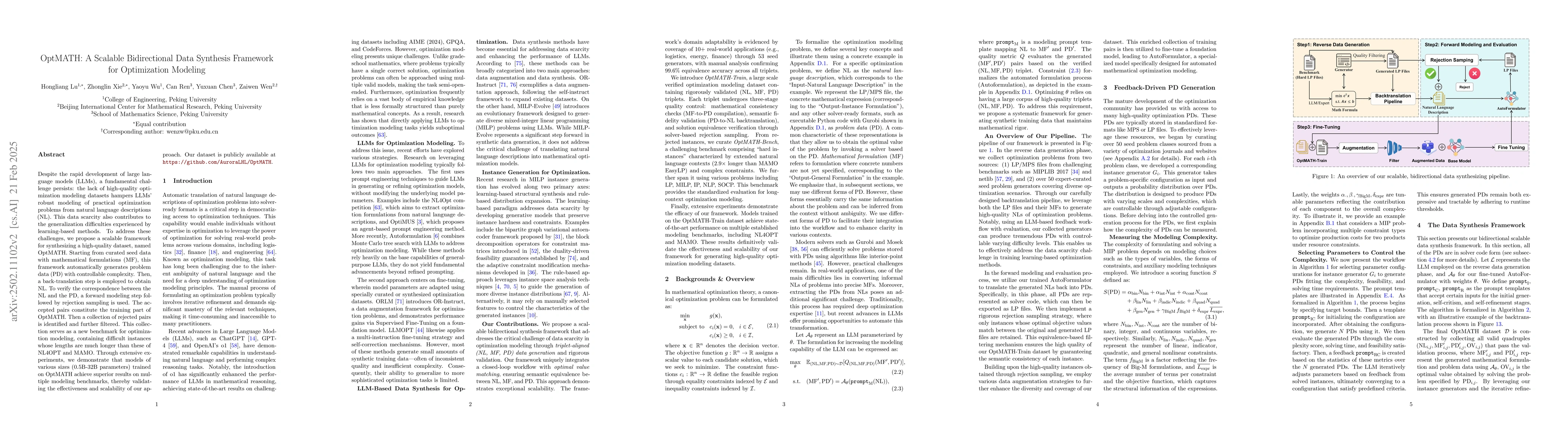 Thumbnail for OptMATH: A Scalable Bidirectional Data Synthesis Framework for
  Optimization Modeling