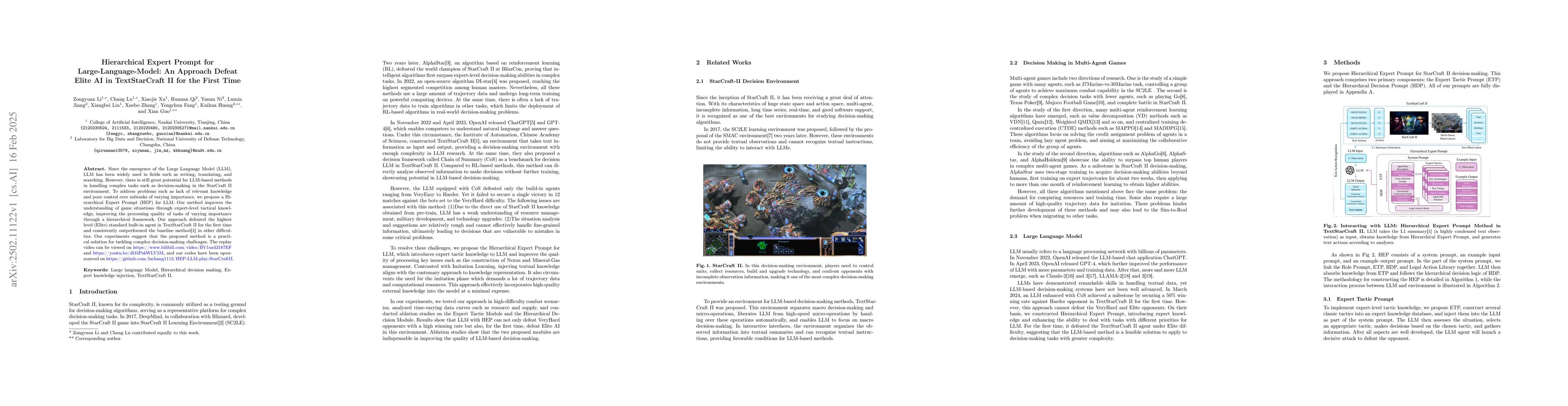 Thumbnail for Hierarchical Expert Prompt for Large-Language-Model: An Approach Defeat
  Elite AI in TextStarCraft II for the First Time