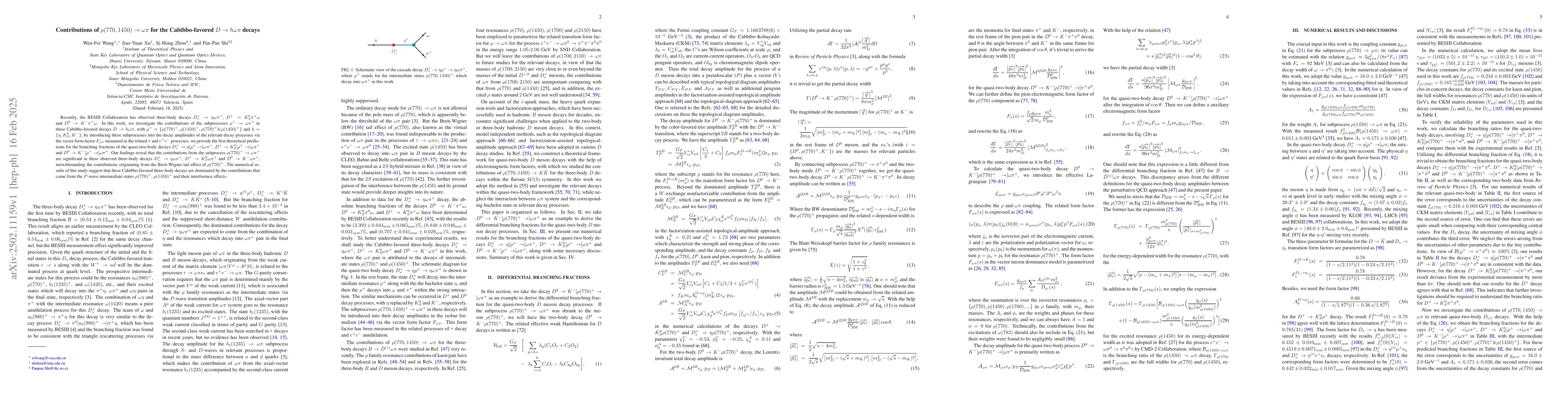 Thumbnail for Contributions of $ρ(770,1450)\to ωπ$ for the Cabibbo-favored
  $D \to hωπ$ decays