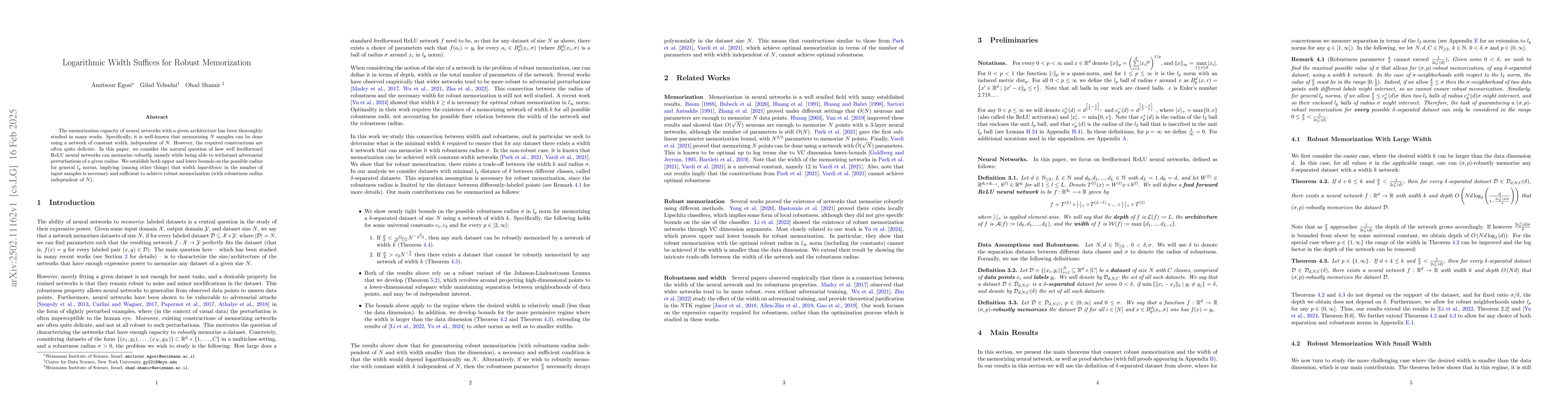 Thumbnail for Logarithmic Width Suffices for Robust Memorization