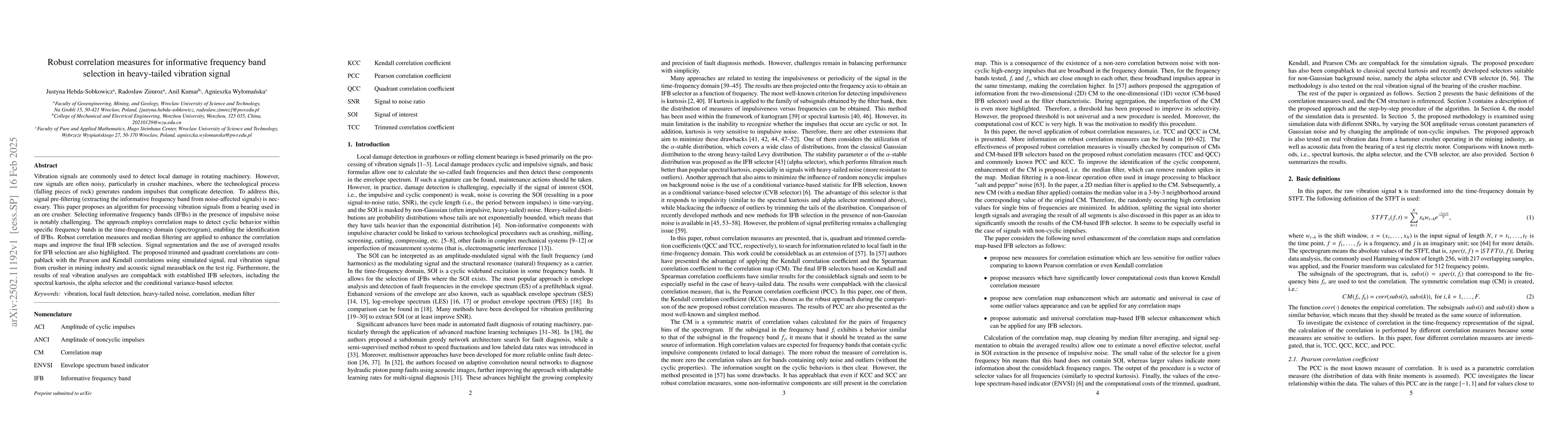 Thumbnail for Robust correlation measures for informative frequency band selection in
  heavy-tailed vibration signal