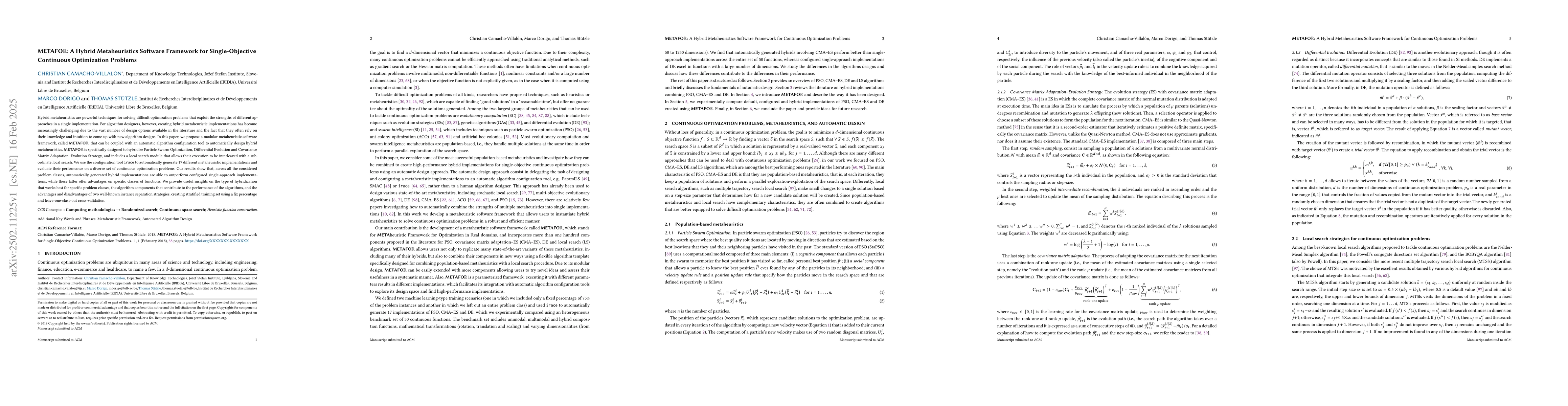 Thumbnail for METAFOR: A Hybrid Metaheuristics Software Framework for Single-Objective
  Continuous Optimization Problems