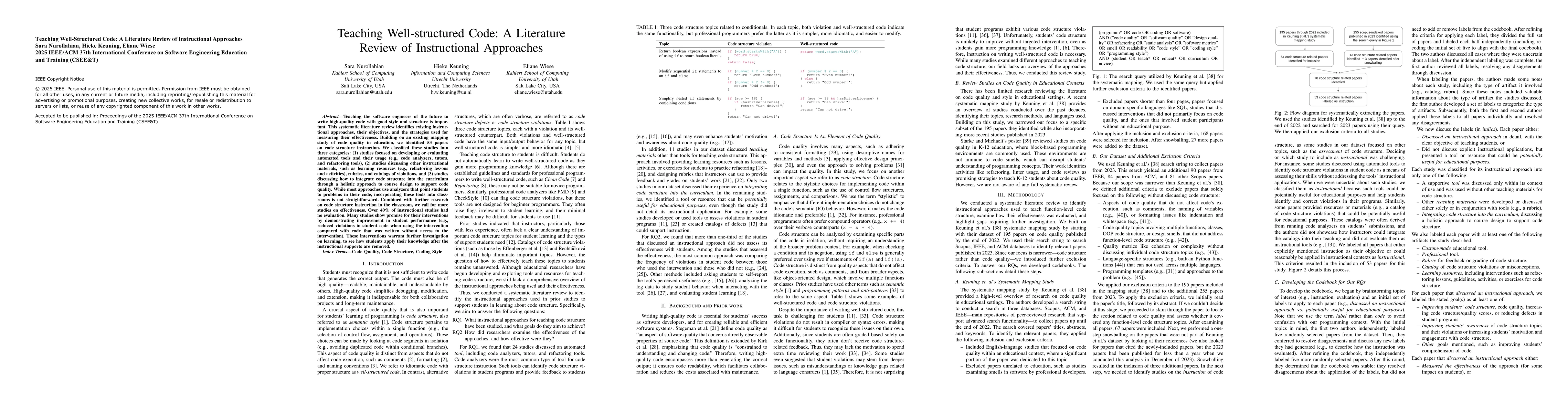 Thumbnail for Teaching Well-Structured Code: A Literature Review of Instructional
  Approaches