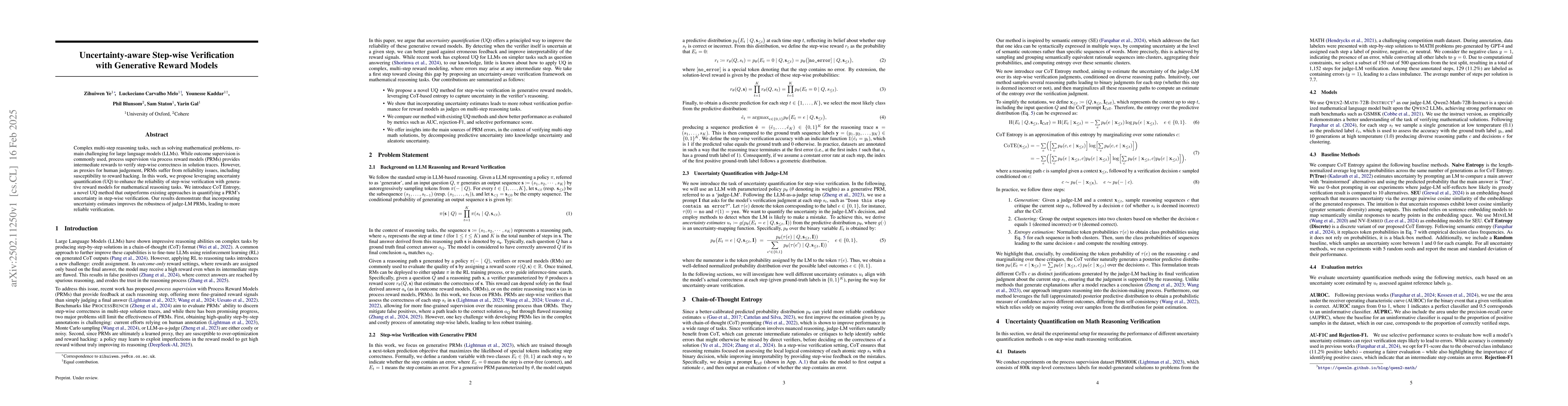 Thumbnail for Uncertainty-Aware Step-wise Verification with Generative Reward Models