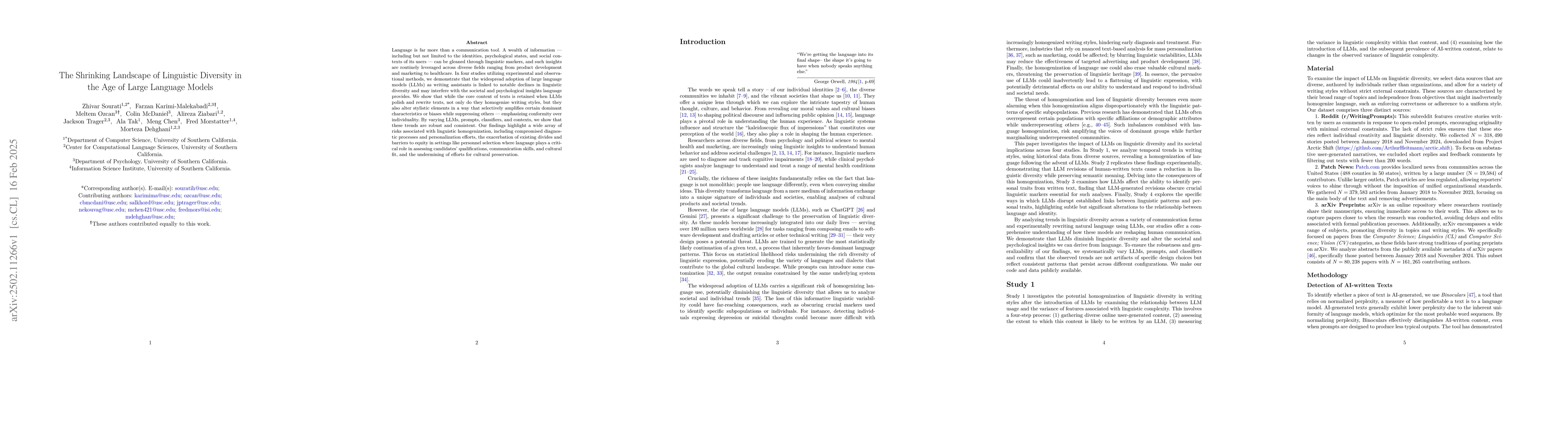 Thumbnail for The Shrinking Landscape of Linguistic Diversity in the Age of Large
  Language Models