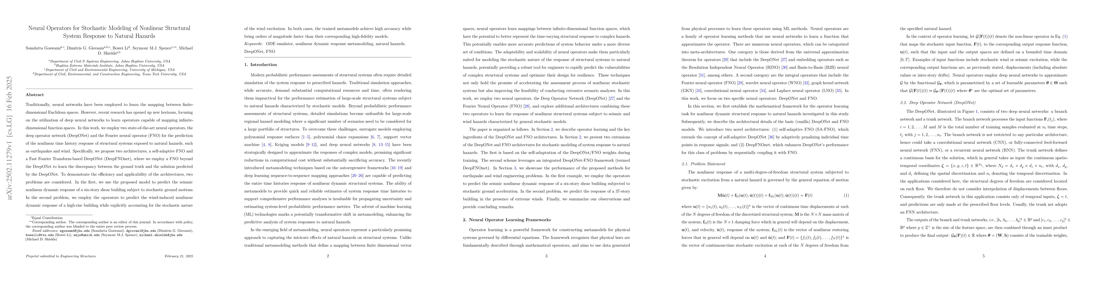 Thumbnail for Neural Operators for Stochastic Modeling of Nonlinear Structural System
  Response to Natural Hazards