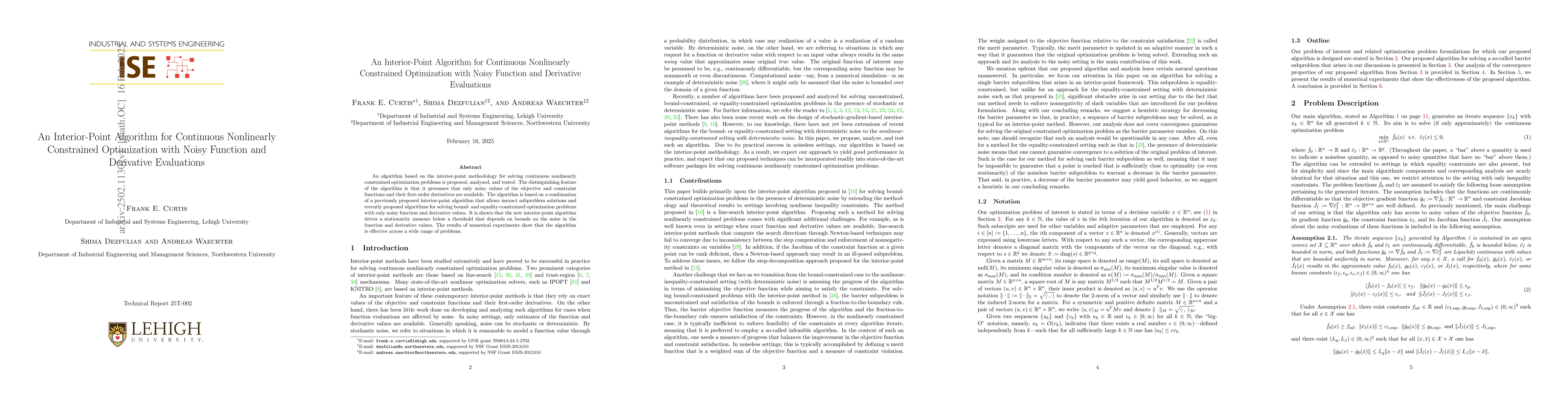Thumbnail for An Interior-Point Algorithm for Continuous Nonlinearly Constrained
  Optimization with Noisy Function and Derivative Evaluations